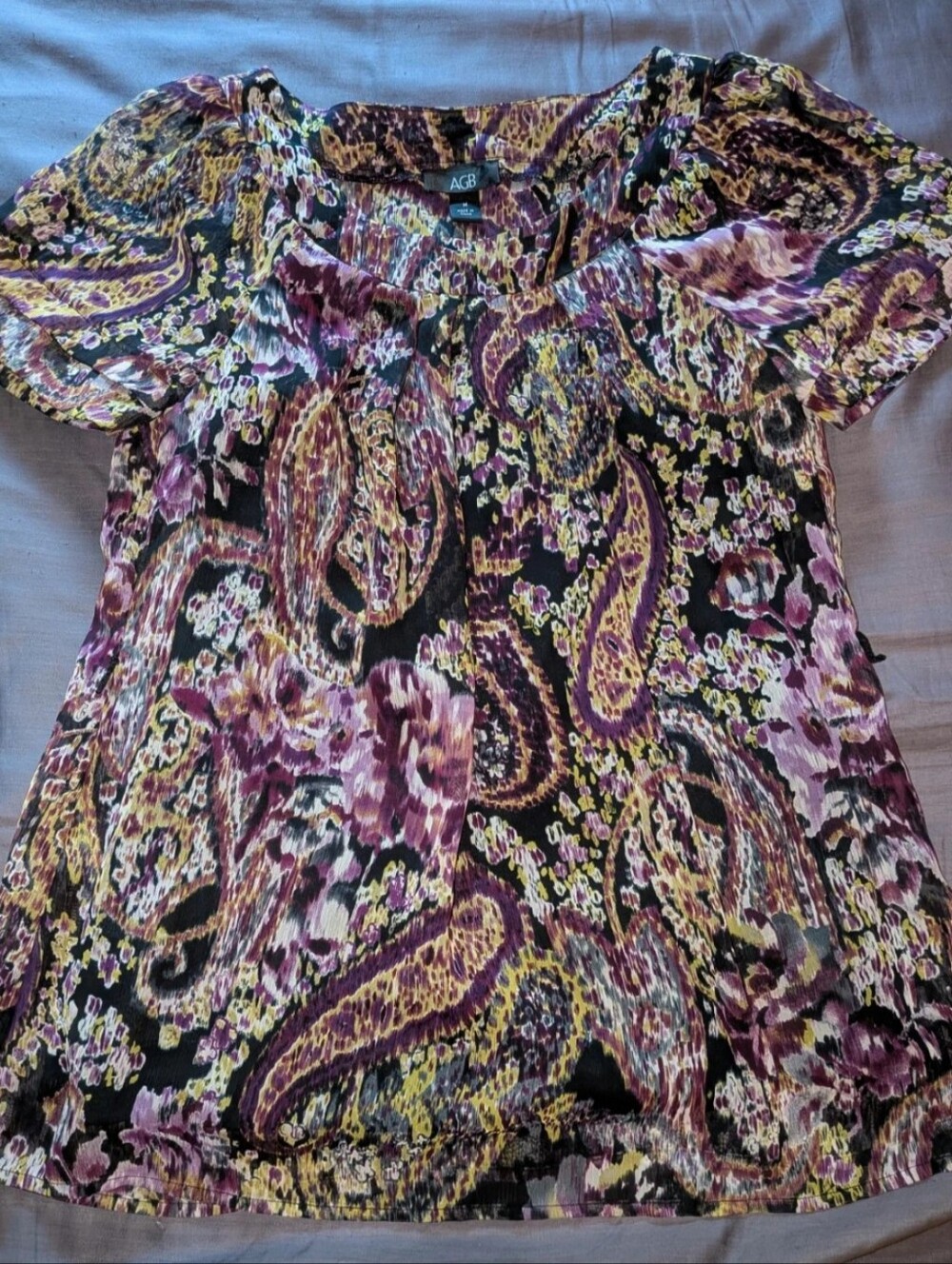 AGB Purple Paisley Short-Sleeve Women's Top with Sewn in Tank